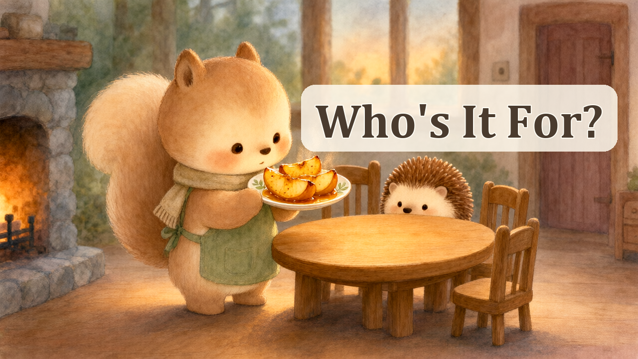 Lumi holds golden honey-baked apples while Pip peeks over a small chair at the table